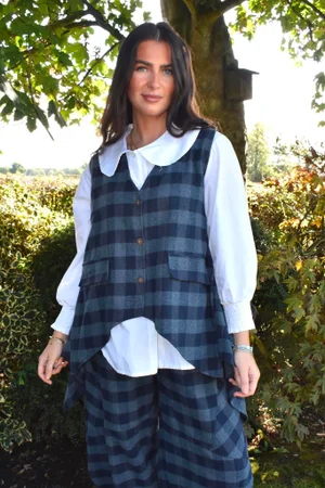 Nora Brushed Cotton Gingham Trapeze Waistcoat Navy